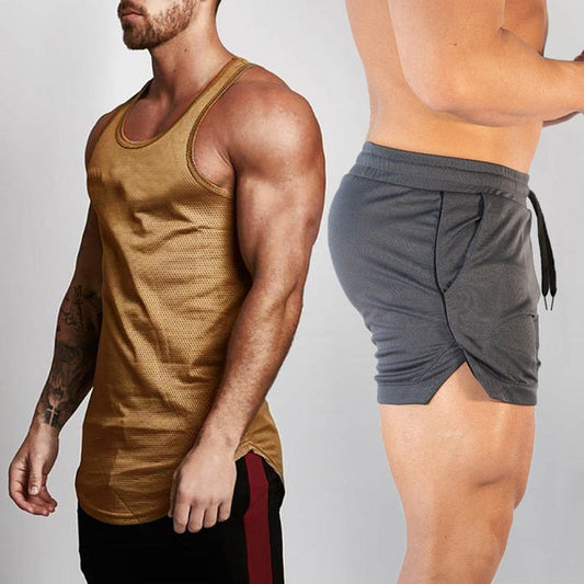 2pcs Sets Tank Top+Shorts Men Summer Joggers Suits Bodybuilding Fitness Men Tracksuits Gym Clothing Streetwear Mesh Sweatpant