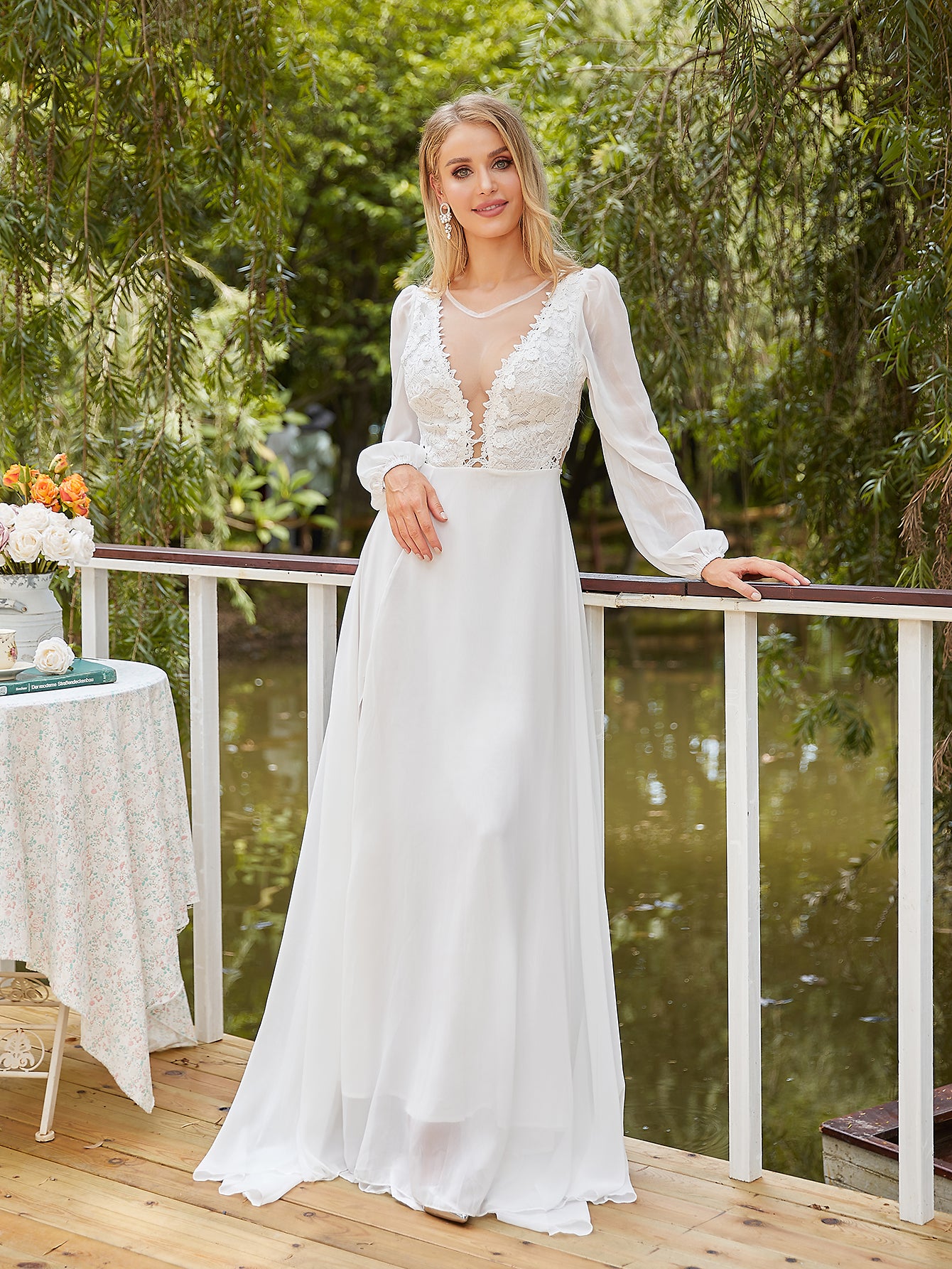 Women's V-Neck Lace Beach Wedding Dress With Slit Long Sleeve Chiffon Bohemian image 3