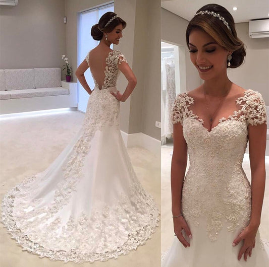 Vestidos De Noiva White Backless Lace Mermaid Wedding Dress 2022 V-Neck Short S image 0