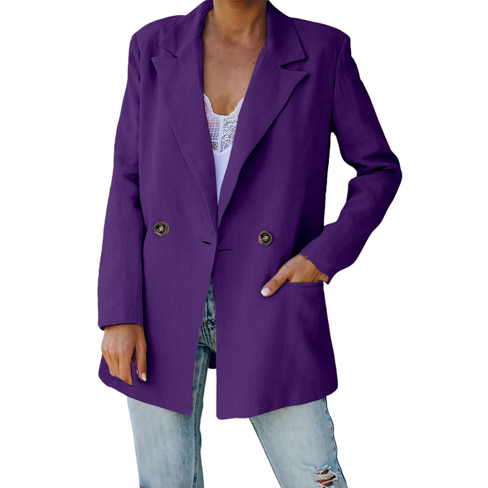 Women's Solid Color V Neck Lapel Double Kuckle Lohas Time Style Coat Casual Ver image 5
