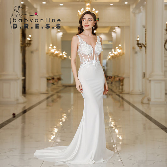BABYONLINE White Wedding Dress Beaded Fully Bodice Lace V neck Sleeveless Lace  image 0